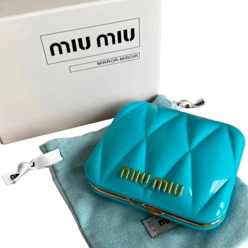✨Authentic MIU MIU Prada Teal Blue Quilted Compact Makeup Mirror +Pouch Gift NEW - Picture 7 of 7